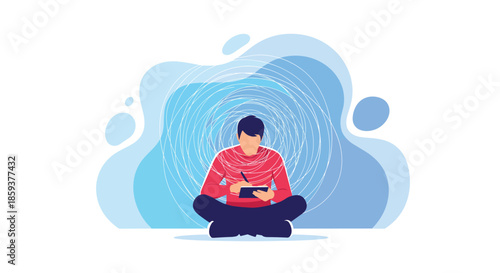 Person drawing on a digital tablet with a stylus surrounded by abstract blue and white swirling energy lines representing creativity.