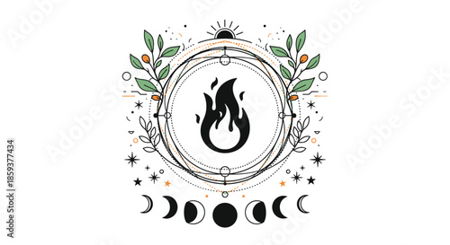 Mystical fire element symbol featuring a flame icon surrounded by celestial circles, moon phases, stars, and botanical orange leaf branches.