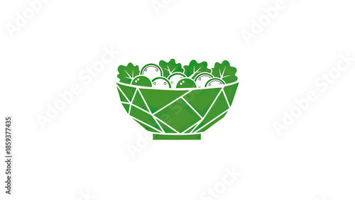 A green salad illustration in a geometric bowl. Contains lettuce and round objects, against white