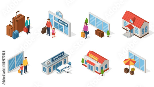 Isometric travel scenes with people at airport, hotel, and vacation spots