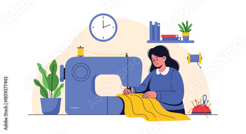 Woman carefully sews yellow fabric using a blue electric sewing machine at a tidy workspace with thread, books, and plants.