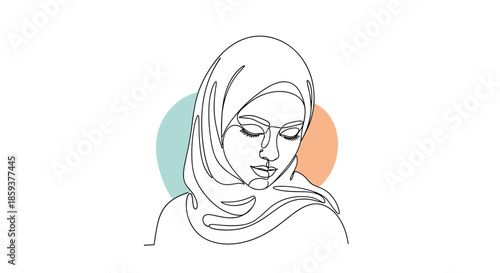 Elegant single line drawing of a woman wearing a hijab, looking down with a peaceful expression against soft circular color shapes.