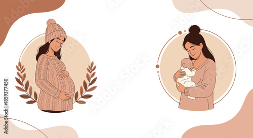 Two circular portraits illustrating the journey of motherhood from a pregnant woman in a cozy sweater to a mother holding her baby.