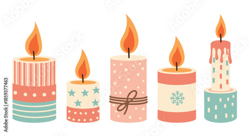 Set of five colorful Christmas candles featuring festive patterns like stars, stripes, dots, and snowflakes with burning flames.