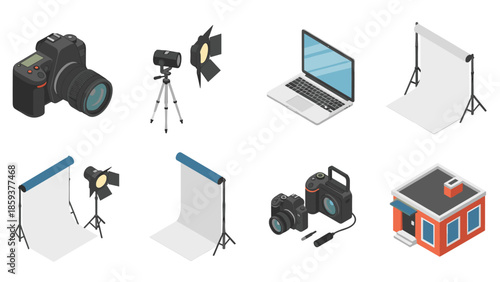 Isometric photography equipment set with cameras, laptop, lighting, and backdrops