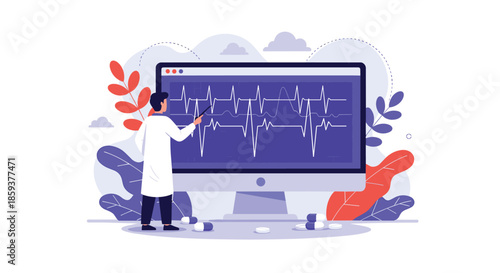 Medical doctor in a white coat points to a large monitor displaying complex heartbeat electrocardiogram waves in a modern lab.