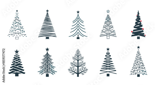 Collection of ten stylized Christmas tree icons with unique patterns, line work, and stars, perfect for holiday graphic design.