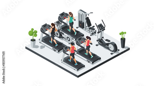 Isometric women running on treadmills in modern gym setting with fitness equipment