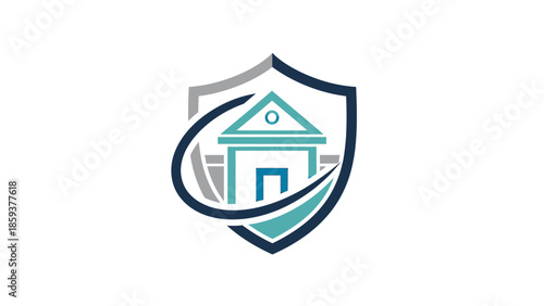 Abstract house icon encased in a shield, with swoosh, and geometric design on white