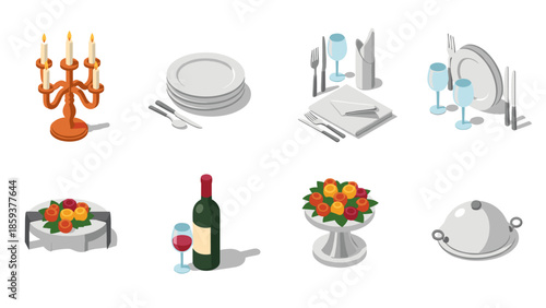 Elegant tableware and dining arrangement with candle, wine, and food in isometric design