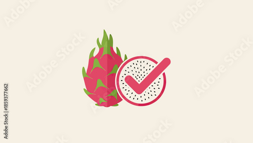 Dragon fruit illustration, one whole and one cut in half with a check mark