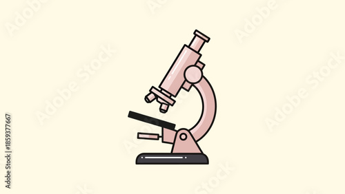 A vector illustration depicts a microscope, rendered in pale pink and black, on a cream background
