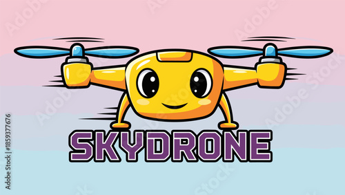 Cartoon SkyDrone Logo Featuring a Cheerful Yellow Drone with Blue Propellers.