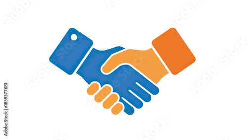 Graphic illustration of two hands shaking, one blue, one orange, on white background