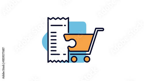 A colorful icon of a receipt next to a shopping cart. Background shapes are blue and orange