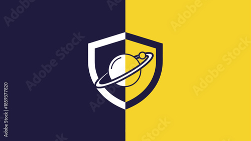 A two-toned background split vertically. A shield-shaped emblem contains a stylized planet