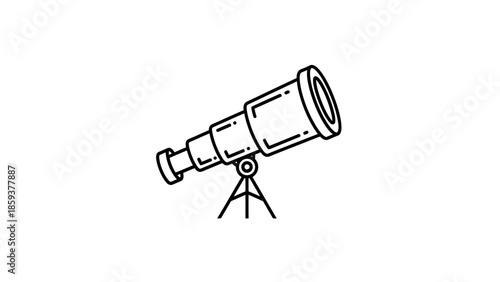 A minimalist black outline illustration depicts a telescope on a tripod, positioned at an angle