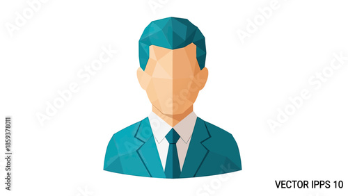 A stylized geometric portrait of a person in a suit and tie, against a white background