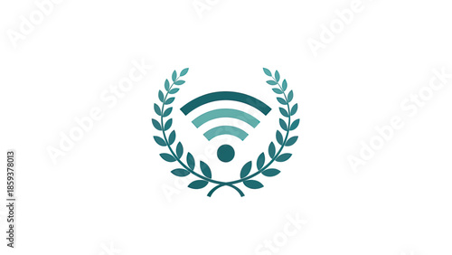 Wi-Fi symbol within laurel wreath, shades of teal, minimalist design, centered on white