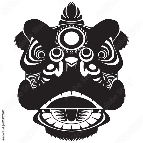 Intricate Balinese Barong mask in bold black and white
