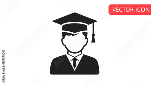 A black and white vector icon of a graduate wearing a mortarboard and suit. "VECTOR ICON" label