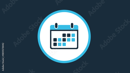 A stylized calendar icon within a circle on a dark background. The calendar is blue/black