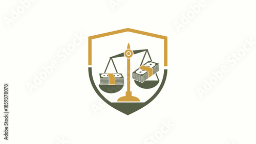 A golden and green shield logo, with a balance scale holding stacks of money