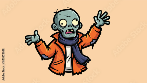 Cartoon Zombie Character with Orange Jacket and Blue Scarf.