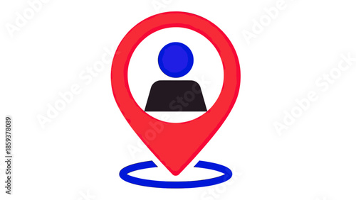 A red location marker icon with a user silhouette inside, over a blue ring, on white