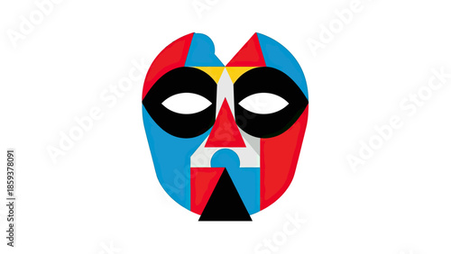A colorful, geometric mask design with segmented features, isolated on a white backdrop