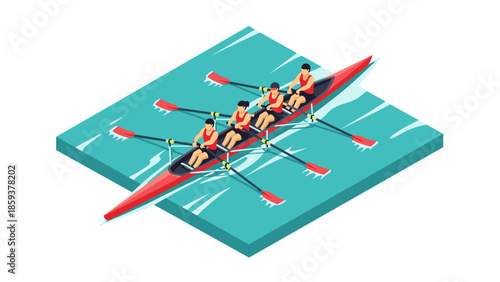 Isometric rowing team on water: dynamic teamwork and sports concept