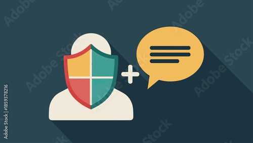 Stylized graphic featuring a person with shield, plus sign, and speech bubble with lines