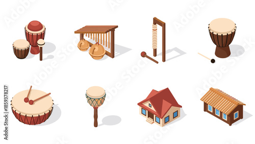 Isometric musical instruments and houses: djembe and maracas scene