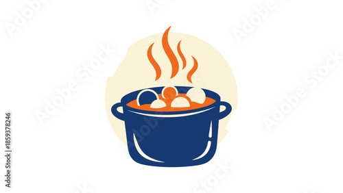 Illustration of a pot of soup with white balls floating in an orange broth, steam rising