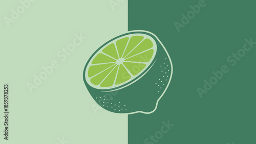Illustration of a halved lime with segmented interior against a split green background