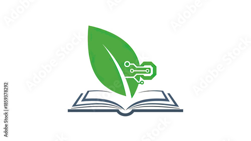 A conceptual logo shows a green leaf integrated with a circuit board atop an open book
