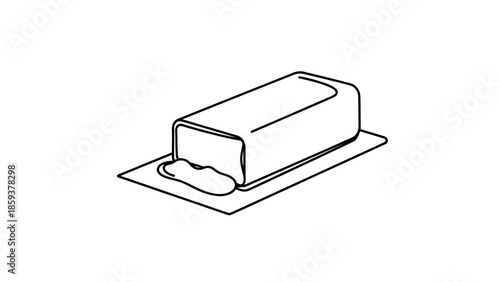 Simple line drawing of a butter brick on a rectangular plate, with a melted blob