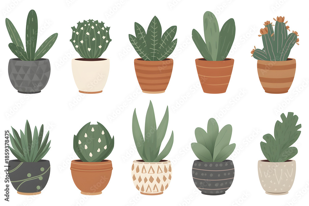 Fototapeta premium A collection of various potted plants and succulents on a white background