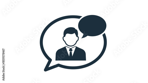 Stylized icon depicts a businessperson inside a speech bubble, another bubble beside