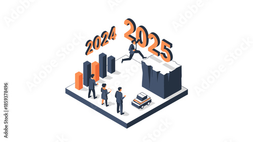 Isometric future planning concept with business figures and year milestones