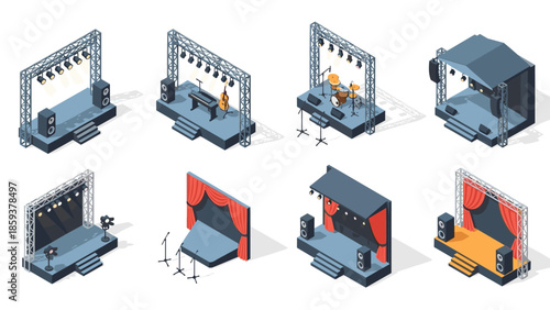 Isometric music stage setups with instruments and lighting for concerts and events