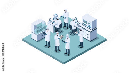 Isometric laboratory team working with modern scientific equipment in research facility