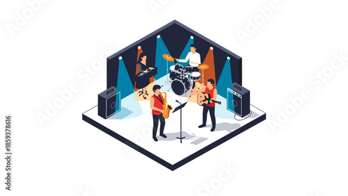 Isometric jazz band performing on stage with musical instruments and spotlights