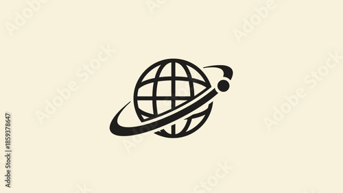 A minimalist black globe with orbiting path on a cream background