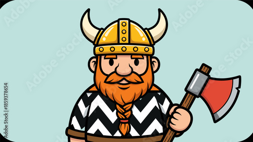 Cartoon Viking Warrior with Axe and Horned Helmet Illustration.