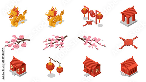 Isometric elements of asian culture: dragons, lanterns, pagodas, and cherry blossoms