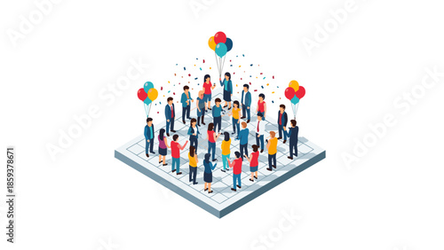 Isometric celebration: diverse group enjoying a festive party with balloons and confetti