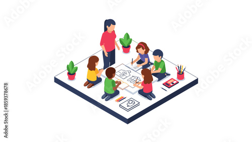 Isometric art class with children drawing and teacher guidance