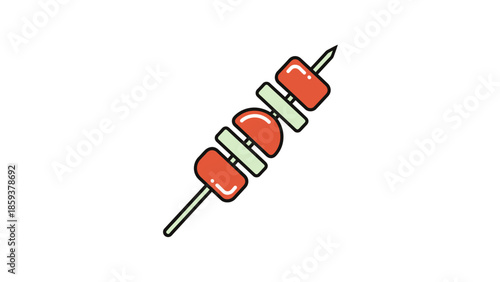An illustration shows a kabob on a skewer, composed of red and green stylized food items