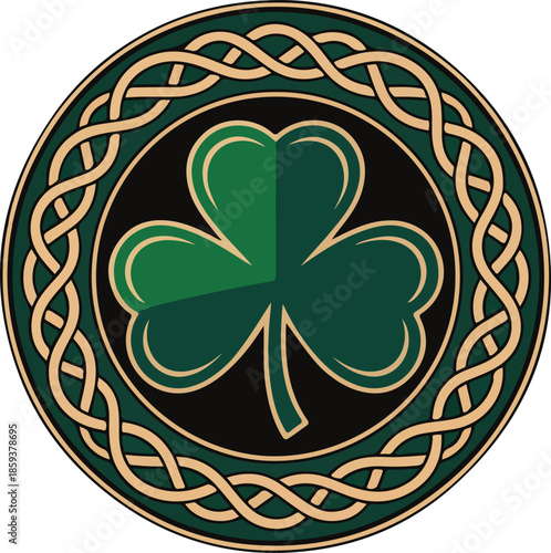 Green shamrock with celtic knot border vector clover